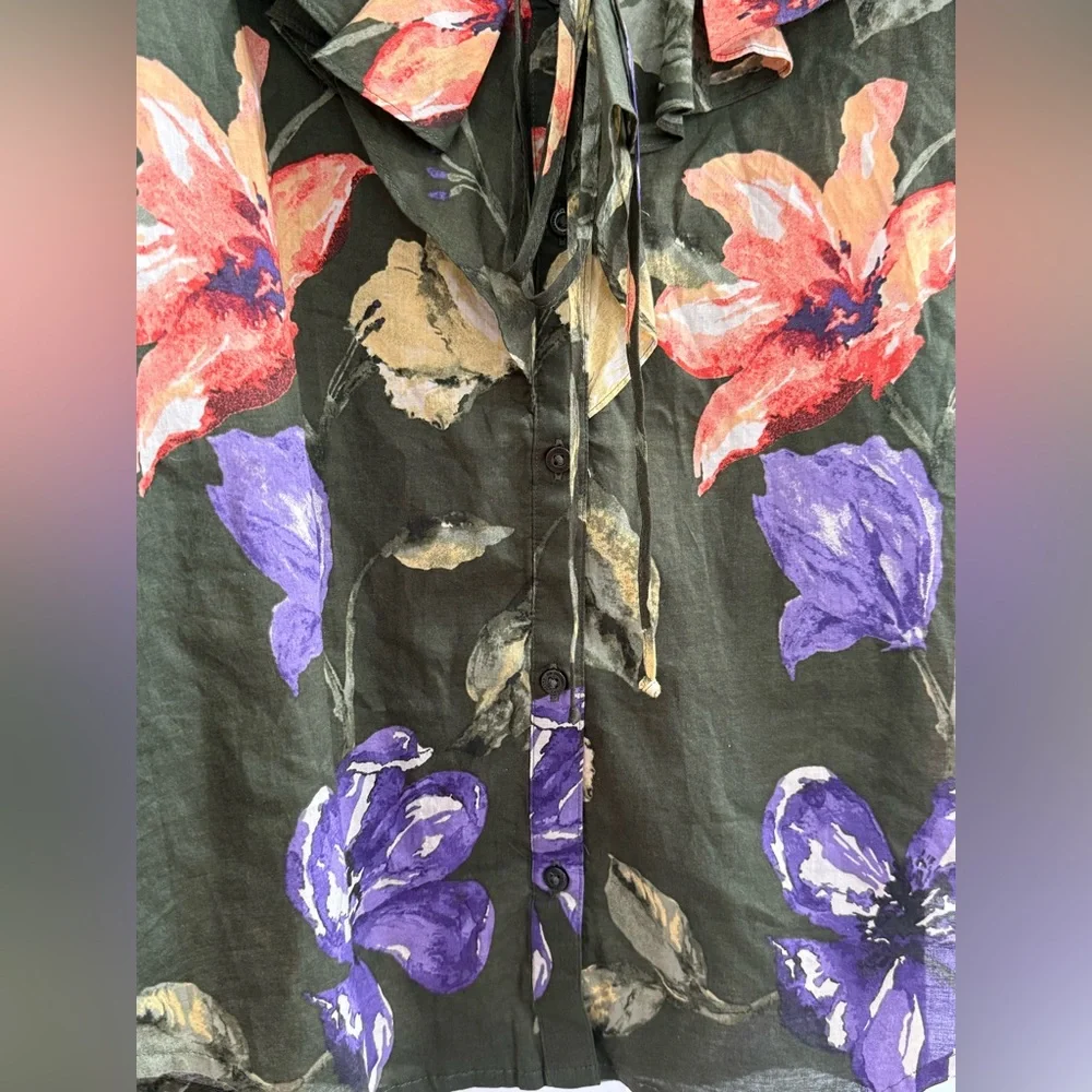 NWT Lauren Ralph Lauren dark green button down puff sleeve top w/ floral pattern - Picture 3 of 10